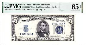 1934-C $5 �V���o�[ �ؖ��� ���C�h ���A LA �u���b�N PMG �W�F�� Unc 65EPQ #L94138475A