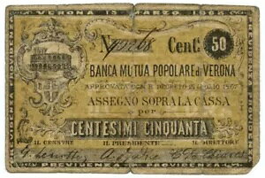50 CENTESIMI BIGLIETTO FIDUCIARIO BANCA MUTUA POPOLARE DI VERONA 15/03/1868 MB+