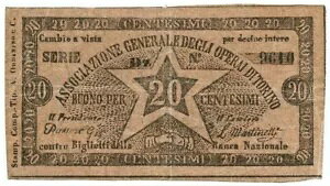 20 CENTESIMI FIDUCIARIO ASSOCIAZIONE GENERALE DEGLI OPERAI DI TORINO 1866 qSPL