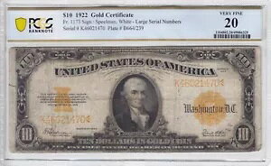 1922 年 $10 ゴールド証明書紙幣 FR#1173 PCGS 紙幣 VF 20 ステンド K46021470
