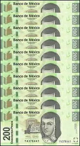 メキシコ 200 ペソ、2014、P-125au、UNC、シリーズ AU X 10 個