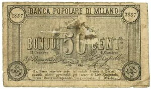50 CENTESIMI BIGLIETTO FIDUCIARIO BANCA POPOLARE DI MILANO 1870 MB/MB+