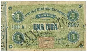 1 LIRA FIDUCIARIO BANCA DELLA PICCOLA INDUSTRIA COMMERCIO TORINO 14/01/1864 BB-