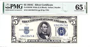 1934-C $5 �V���o�[ �ؖ��� ���C�h ���A LA �u���b�N PMG �W�F�� Unc 65EPQ #L94138474A