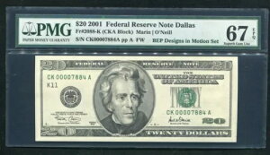 FRB 2088-K 2001 $20 FRN eLTXB_X uBEP DESIGNS IN MOTION SETv PMG GEM UNC-67EPQ