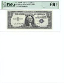 1957 $1 シルバー証明書 FR1620 PMG 69 EPQ、ブルーシール S/N Q34345814A!!!
