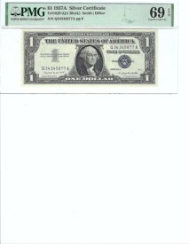 1957 $1 シルバー証明書 FR1620 PMG 69 EPQ、ブルーシール S/N Q34345877A!!!