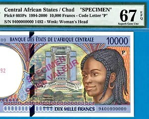 C.A.S / P CHAD-SPECIMEN 10000 FRS-1994-P.605Ps *PMG 67 EPQ SUPERB GEM UNC*POP 1*