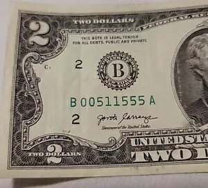 幸運の三項式 2 ドル紙幣非流通 $2 紙幣 2017A 地区 B L6