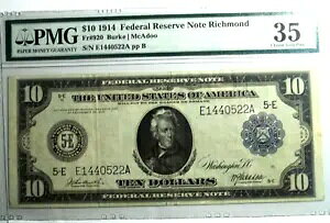 PMG 1914 $10 FRBN ���b�`�����h (5-E) VF-35 FR#920 �o�[�N / �}�J�h�D