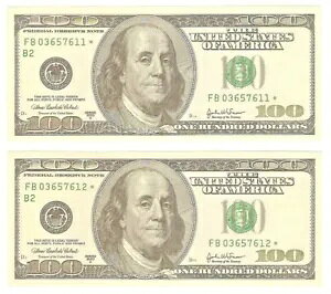2003 A STAR Note $100 - ブロック FB* - ニューヨーク - 2 連続番号、CRISP UNC