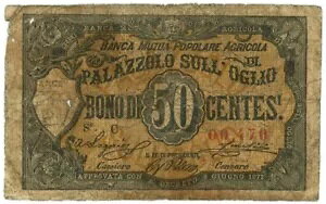 50 CENTESIMI BANCA MUTUA POPOLARE AGRICOLA DI PALAZZOLO SULL'OGLIO 30/06/1872 MB