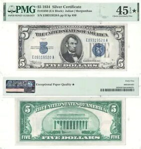 1934�N $5 �V���o�[�ؖ��� F-1650 PMG Ch XF-45 EPQ *