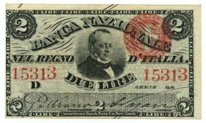 2 ���� BANCA NAZIONALE NEL REGNO D'ITALIA CAVOUR 25/07/1866 SPL+