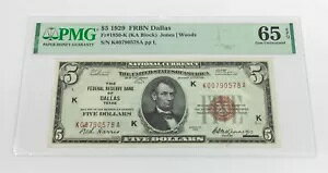 1929 $5 National Dallas Fr #1850-K (KA �u���b�N) PMG Gem Unc 65 EPQ �ɂ��O���[�f�B���O