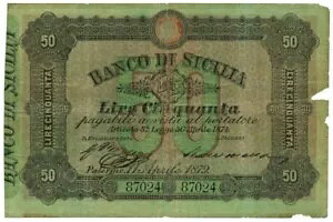 50  BANCO DI SICILIA BIGLIETTO AL PORTATORE 1879/11/04 MB+