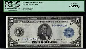1914 年 $5 連邦準備銀行紙幣 - ニューヨーク FR-851a - PCGS 65PPQ - 宝石非流通
