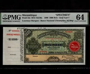 モザンビーク 1000 レイ 1909 P-32s * PMG UNC 64 * 標本 * トップ ポップ *