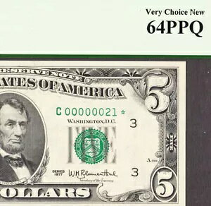 1977N FRm[g tBftBA $5 Fr 1974-C LOW # 00000021 STAR CH UNC PCGS 64 PPQ