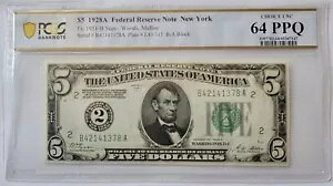 $5 1928A CH UNC64 PPQ Fed Res Note New York 連続シリアル番号 2 枚セット