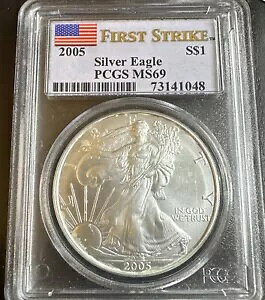 2005 シルバー イーグル コイン $1 ファースト ストライク アメリカ国旗ラベル PCGS MS69