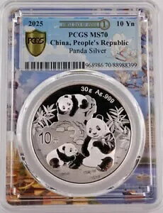 PCGS MS70 2025 中国パンダ 30g 銀貨 発行初日 (上海ラベル)