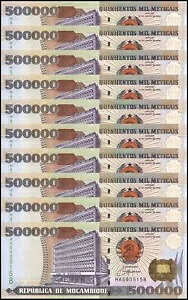 モザンビーク 500000 メティカ、2003、P-142、UNC X 10 個