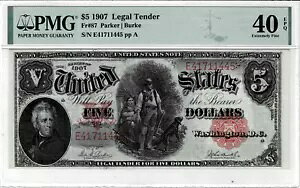 1907 年 $5 法定通貨「きこり」 fr. 87-PMG 極細 40 EPQ--LOW ポップ Fr#