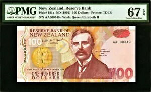 �j���[�W�[�����h $100 1st �v���t�B�b�N�X LOW AA 000340 P-181a 1992 SUPERB GEM UNC PMG 67 EPQ