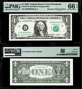 FR.#1913-E $1 1985 FR.NOTE s[^[ VAԍ E98989898H PMG GEM UNC 66 EPQ