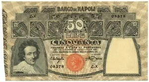50 ���� BANCO DI NAPOLI BIGLIETTO AL PORTATORE 1914/12/13 SPL+