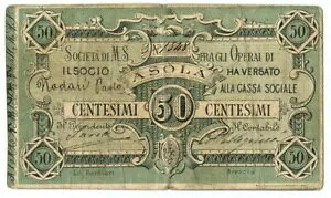 50 CENTESIMI FIDUCIARI SOCIET? MUTUO SOCCORSO OPERAI DI ASOLA 1873/74 qBB