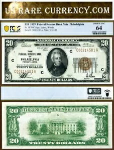 1929 �N 20 �h���A�M������s�� PCGS CU64 FR-1870-C �t�B���f���t�B�A �y���V���x�j�A