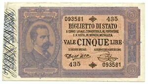 5 ���� BIGLIETTO DI STATO EFFIGE UMBERTO I 06/08/1889 BB/SPL