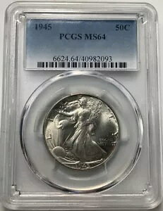 1945 50c �V���o�[ �E�H�[�L���O ���o�e�B �n�[�t�_���[ PCGS MS64