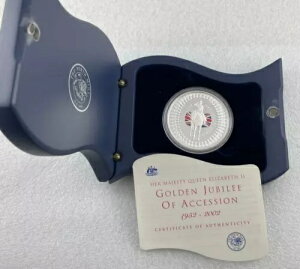 2002 $1 1オンス シルバー プルーフ コイン。 H.M.女王エリザベス2世。ゴールデンジュビリー加盟