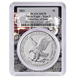 2021 $1 �^�C�v 2 �A�����J�� �V���o�[ �C�[�O�� PCGS MS70 FDOI �A�|�� �t���[�� ���o�[�X