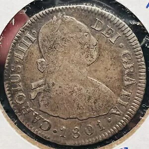�{���r�A 1801 �|�g�V PP 2 Reales Very Fine Carlos IIII Spain Colonial~ BB17