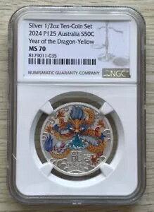 NGC MS70 �I�[�X�g�����A 2024 ���̒����̃h���S���̊��x�J���[ �V���o�[ �R�C�� 1/2 �I���X