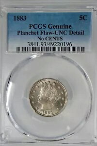 1883 PCGS UNC 詳細 セントなし リバティ V ニッケル 5c 米国コイン プランシェ欠陥