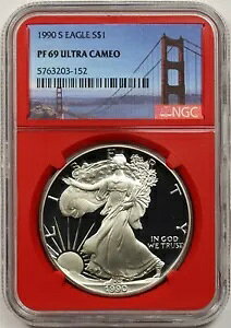 1990-S シルバー イーグル ドル $1 NGC PF 69 ウルトラ カメオ レッド コア ブリッジ ラベル