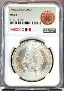 1947 ���L�V�R �V���o�[ 5 �y�\ S5P CUAUHTEMOC NGC MS 63 �ᒒ�� �f�G�ȃR�C��