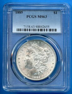 1885 P PCGS MS63 ���[�K�� �V���o�[ �_���[ $1 �č������ǃR�C�� 1885-P MS-63 �u���X�g �z���C�g