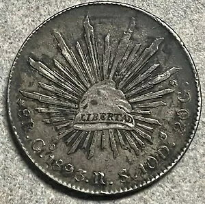 素朴で魅力的な流通 1893 年メキシコ シルバー 8 レアル、Go RS