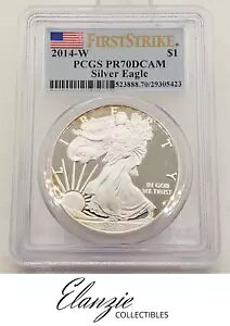 2014-W $1 シルバー イーグル 1 オンス PCGS PR70 DCAM ファースト ストライク フラッグ ホルダー、ステンド リム