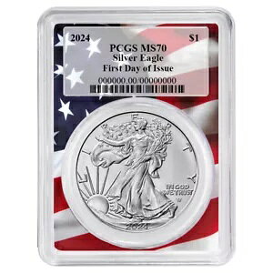 2024 $1 �A�����J�� �V���o�[ �C�[�O�� PCGS MS70 FDOI �t���b�O �t���[��