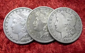 モーガン シルバー ダラー トリオ、米国 1 ドル銀貨 3 枚、1880 年、1896 年、1902 年