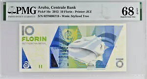 2012 Aruba 10 Florin Pick#16c Wmk: �l�������ꂽ�c���[ PMG 68 Superb Gem Unc