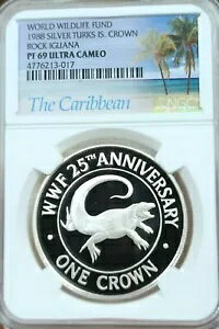 1988 タークス・カイコス シルバー 1 クラウン ロック イグアナ NGC PF 69 ウルトラ カメオ 希少コイン