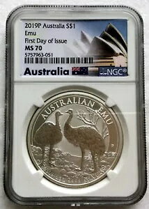 �I�[�X�g�����A 2019-P $1 Emu 1 �I���X .9999 �V���o�[ �v���[�t �R�C�� - NGC ms 70